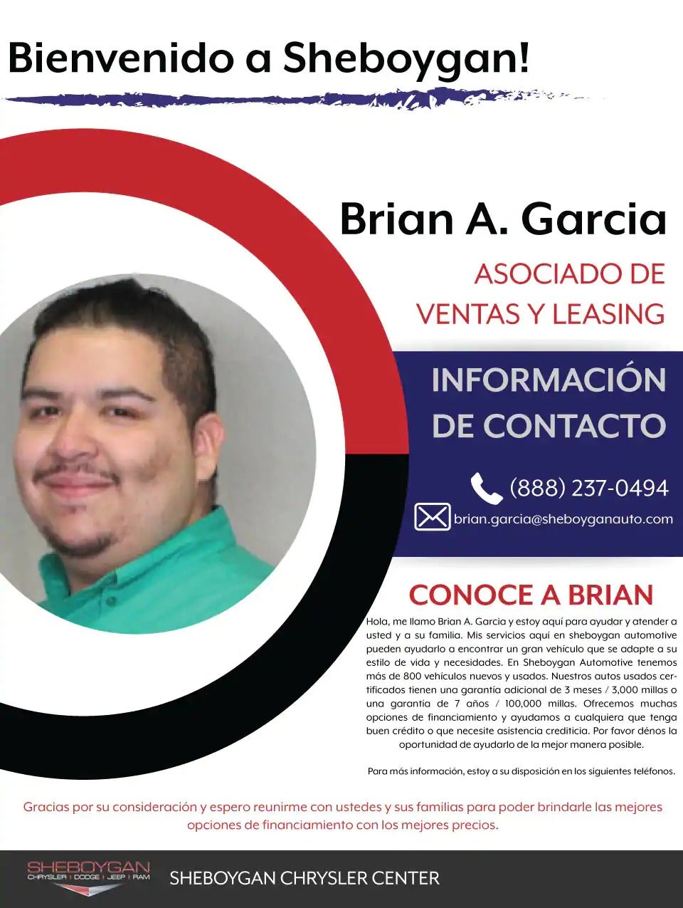 Brian A. Garcia asociado de ventas y leasing at Sheboygan Chrysler Center in Sheboygan WI